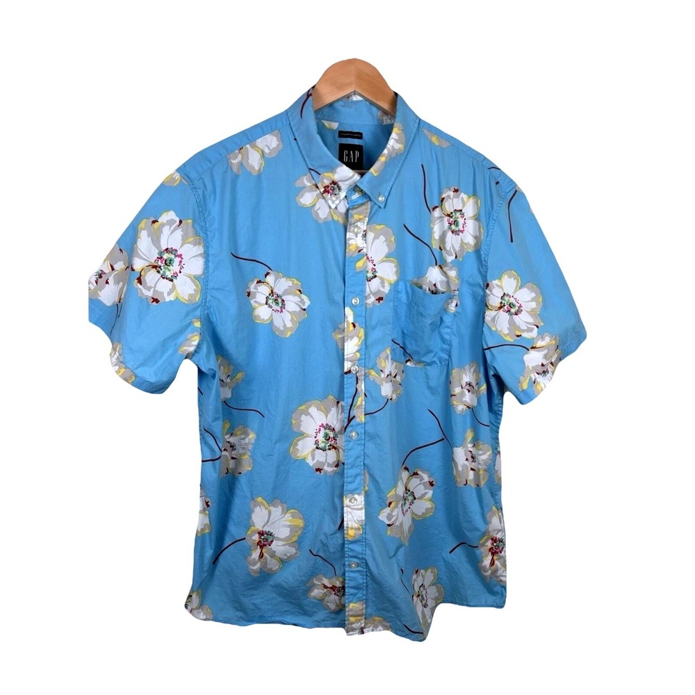 GAP Standard Fit Mens XL Stretch Blue Floral Blossom Retro Short Sleeve Shirt‎